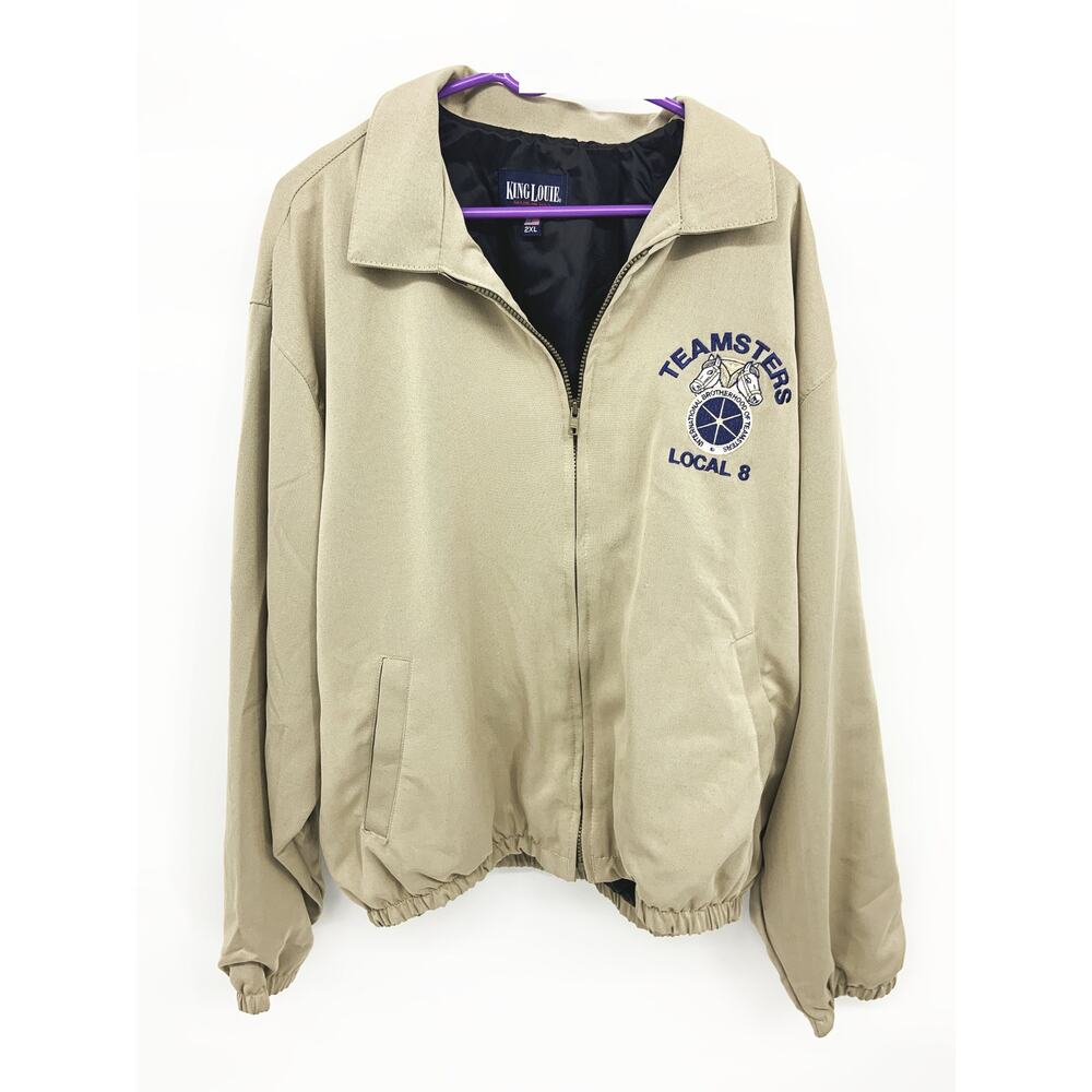 Vtg King Louie Teamsters Local 8 Embroidered Patch Jacket Beige Zip Up Size 2XL